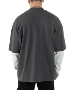 Maglia Uomo Girocollo T-Shirt Maniche Lunghe Combinate Long Sleeve Bicolore Oversize Comoda Grigio GIOSAL-M2973A