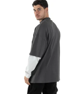Maglia Uomo Girocollo T-Shirt Maniche Lunghe Combinate Long Sleeve Bicolore Oversize Comoda Grigio GIOSAL-M2973A