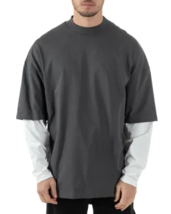 Maglia Uomo Girocollo T-Shirt Maniche Lunghe Combinate Long Sleeve Bicolore Oversize Comoda Grigio GIOSAL-M2973A