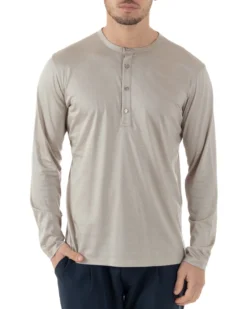 Maglia Uomo Maniche Lunghe Collo Serafino Con Bottoni Sottogiacca Girocollo Casual Tinta Unita Beige GIOSAL-M2972A