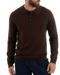 Maglioncino Uomo Casual Maglia Con Colletto Polo Basic Marrone M3002A