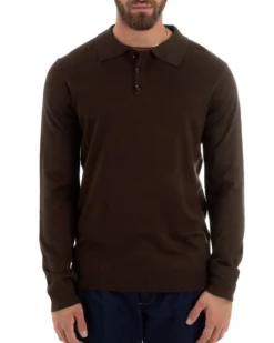 Maglioncino Uomo Casual Maglia Con Colletto Polo Basic Marrone M3002A