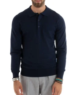Maglioncino Uomo Casual Maglia Con Colletto Polo Basic Blu M2679A