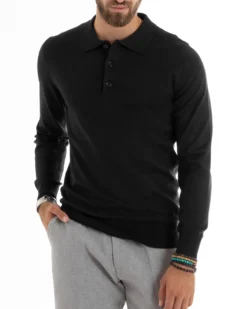 Maglioncino Uomo Casual Maglia Con Colletto Polo Basic Nero M2680A