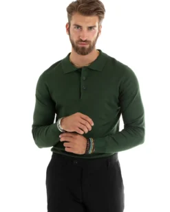 Maglioncino Uomo Casual Maglia Con Colletto Polo Basic Verde M2687A