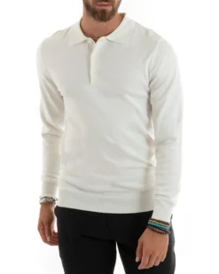Maglioncino Uomo Casual Maglia Con Colletto Polo Basic Bianco M2683A