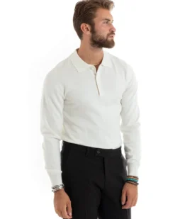 Maglioncino Uomo Casual Maglia Con Colletto Polo Basic Bianco M2683A