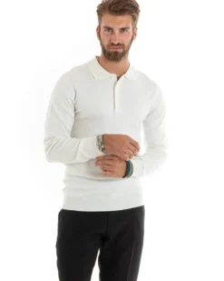 Maglioncino Uomo Casual Maglia Con Colletto Polo Basic Bianco M2683A