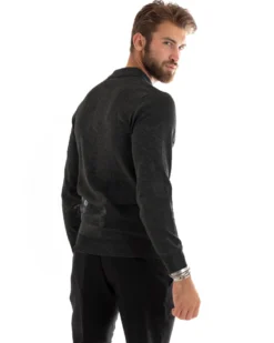 Maglioncino Uomo Casual Maglia Con Colletto Polo Basic Grigio Scuro M3003A