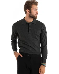 Maglioncino Uomo Casual Maglia Con Colletto Polo Basic Grigio Scuro M3003A