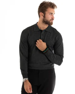 Maglioncino Uomo Casual Maglia Con Colletto Polo Basic Grigio Scuro M3003A