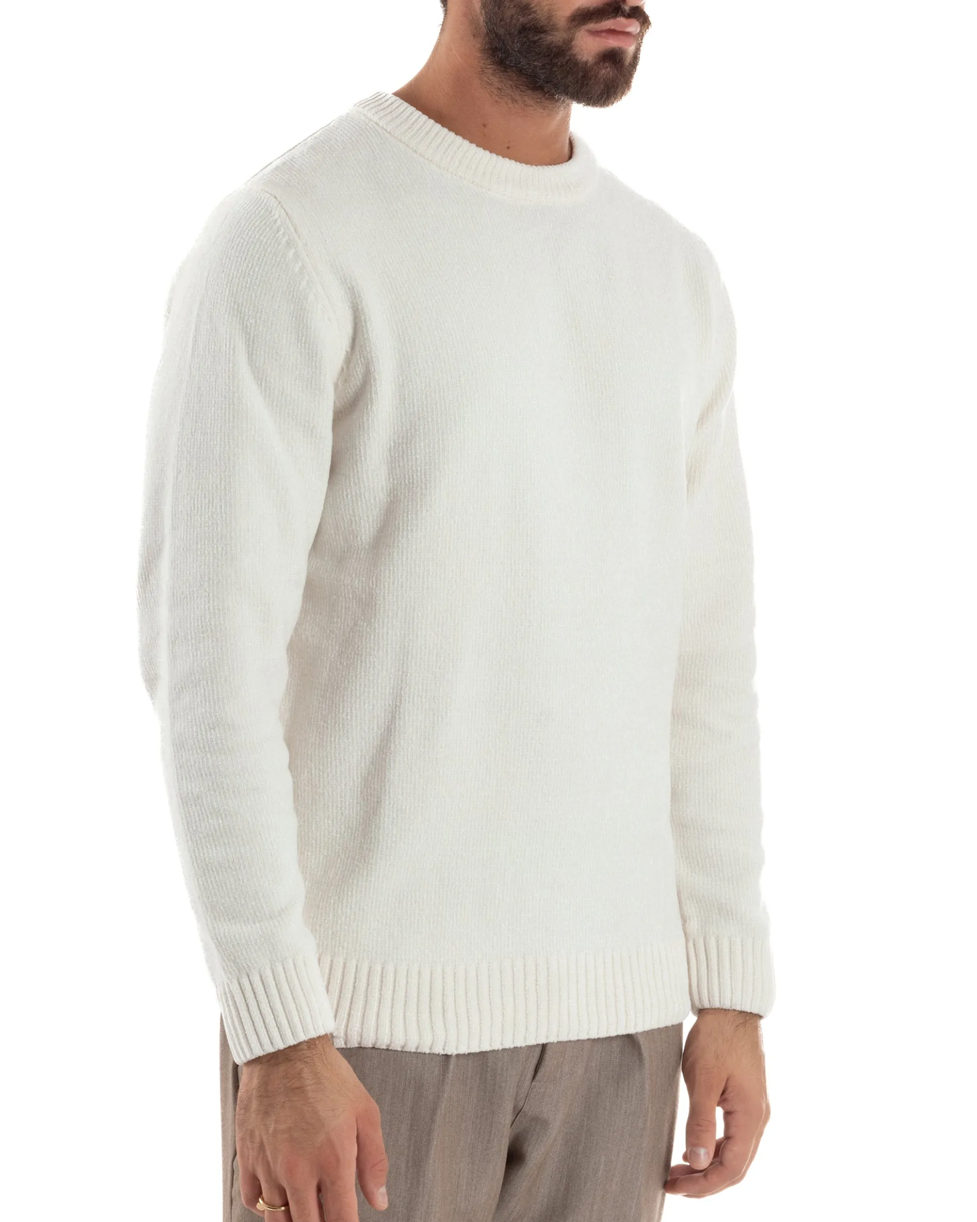 Maglioncino Uomo Ciniglia Regular Fit Maglia Basic Bianco M3059A