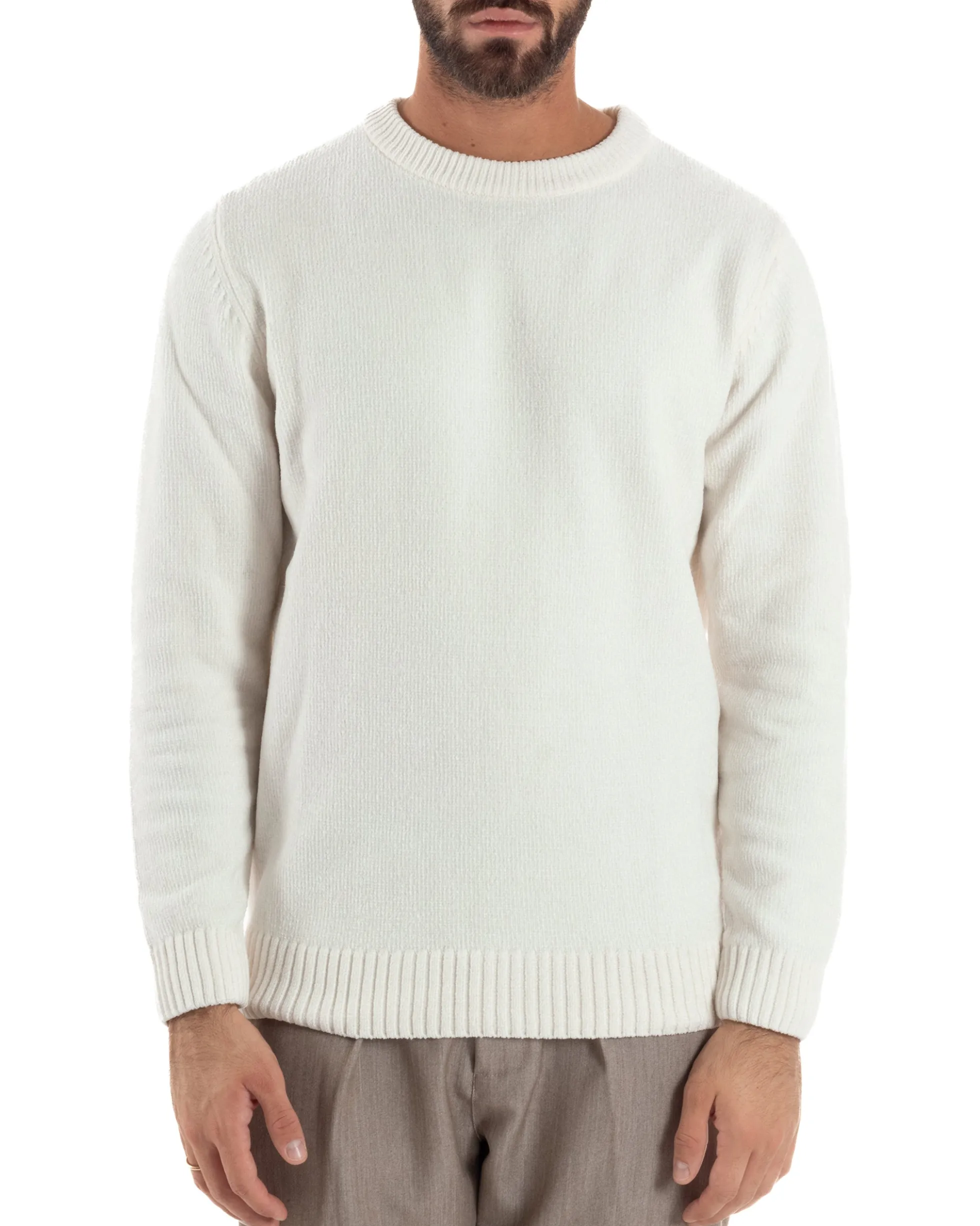 Maglioncino Uomo Ciniglia Regular Fit Maglia Basic Bianco M3059A