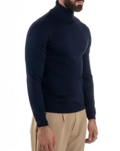 Maglioncino Uomo Collo Alto Maglia Rasata Dolcevita Basic Blu M2537A