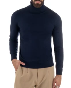 Maglioncino Uomo Collo Alto Maglia Rasata Dolcevita Basic Blu M2537A