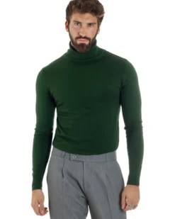Maglioncino Uomo Collo Alto Maglia Rasata Dolcevita Basic Verde Militare M2551A