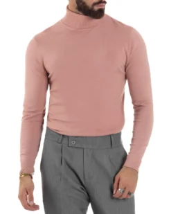 Maglioncino Uomo Collo Alto Maglia Rasata Dolcevita Basic Rosa M2557A