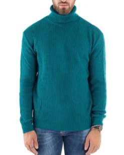 Maglioncino Uomo Collo Alto Maglia Inglese Dolcevita Basic Petrolio M2344A
