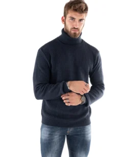 Maglioncino Uomo Collo Alto Maglia Inglese Dolcevita Basic Blu Scuro M2598A