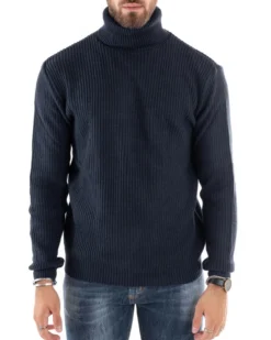 Maglioncino Uomo Collo Alto Maglia Inglese Dolcevita Basic Blu Scuro M2598A