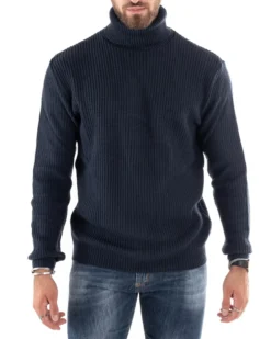 Maglioncino Uomo Collo Alto Maglia Inglese Dolcevita Basic Blu Scuro M2598A