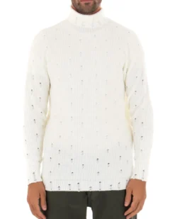 Maglioncino Uomo Collo Alto Tinta Unita Bianco Maglia Dolcevita Con Rotture GIOSAL-M2291A