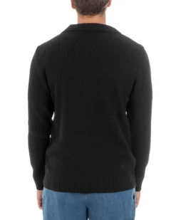 Maglioncino Uomo Con Colletto Maglia Inglese Scollo V Polo Derby Casual Basic Tinta Unita Nero GIOSAL-M2889A