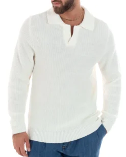 Maglioncino Uomo Con Colletto Maglia Inglese Scollo V Polo Derby Casual Basic Tinta Unita Panna GIOSAL-M2888A