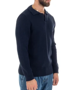 Maglioncino Uomo Con Colletto Maglia Inglese Scollo V Polo Derby Casual Basic Tinta Unita Blu GIOSAL-M2887A