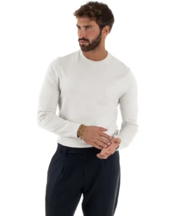 Maglioncino Uomo Girocollo Maglia Rasata Basic Bianco M2506A