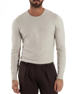 Maglioncino Uomo Girocollo Maglia Rasata Basic Beige Melangiato M2571A