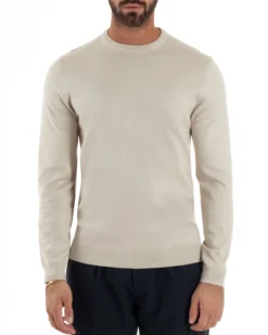 Maglioncino Uomo Girocollo Maglia Rasata Basic Beige M2512A
