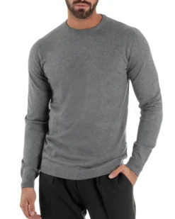 Maglioncino Uomo Girocollo Maglia Rasata Basic Grigio Chiaro M2507A