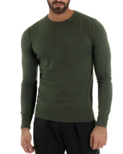 Maglioncino Uomo Girocollo Maglia Rasata Basic Verde Militare M2496A