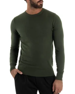 Maglioncino Uomo Girocollo Maglia Rasata Basic Verde Militare M2496A
