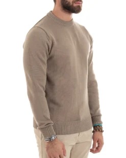 Maglioncino Uomo Girocollo Maglia Inglese Maglione Morbido Basic Tinta Unita Beige GIOSAL-M2937A