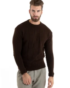 Maglioncino Uomo Girocollo Maglia Inglese Basic Trecce Marrone GIOSAL-M2717A