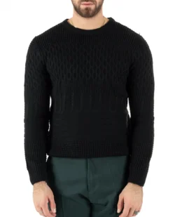 Maglioncino Uomo Girocollo Maglia Inglese Trecce Nero GIOSAL-M2786A
