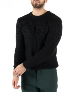 Maglioncino Uomo Girocollo Maglia Inglese Trecce Nero GIOSAL-M2786A
