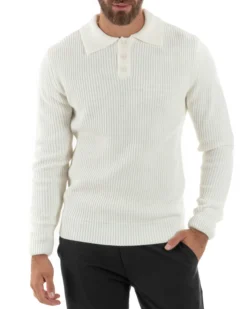 Maglioncino Uomo Maglia Inglese Casual Bottoni Polo Maniche Lunghe Tinta Unita Bianco GIOSAL-M2854A