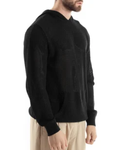 Maglioncino Uomo Traforato Con Cappuccio Maglia Bucata Tinta Unita Nero GIOSAL-M2832A