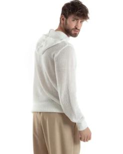 Maglioncino Uomo Traforato Con Cappuccio Maglia Bucata Tinta Unita Bianco GIOSAL-M2834A