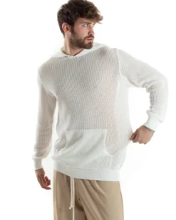 Maglioncino Uomo Traforato Con Cappuccio Maglia Bucata Tinta Unita Bianco GIOSAL-M2834A