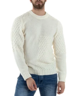 Maglione Intrecciato Uomo Girocollo Con Trecce Maglia Maglioncino Panna GIOSAL-M2795A