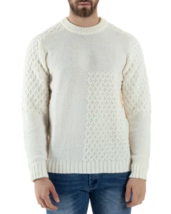 Maglione Intrecciato Uomo Girocollo Con Trecce Maglia Maglioncino Panna GIOSAL-M2795A