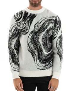 Maglione Uomo Girocollo Caldo Cotone Rasato Marmorizzato Maglia Maniche Lunghe Oversize Casual Bicolore Sfumata Panna GIOSAL-M2864A