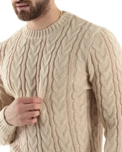 Maglione Uomo Girocollo Con Trecce Maglia Intrecciata Beige M2802A