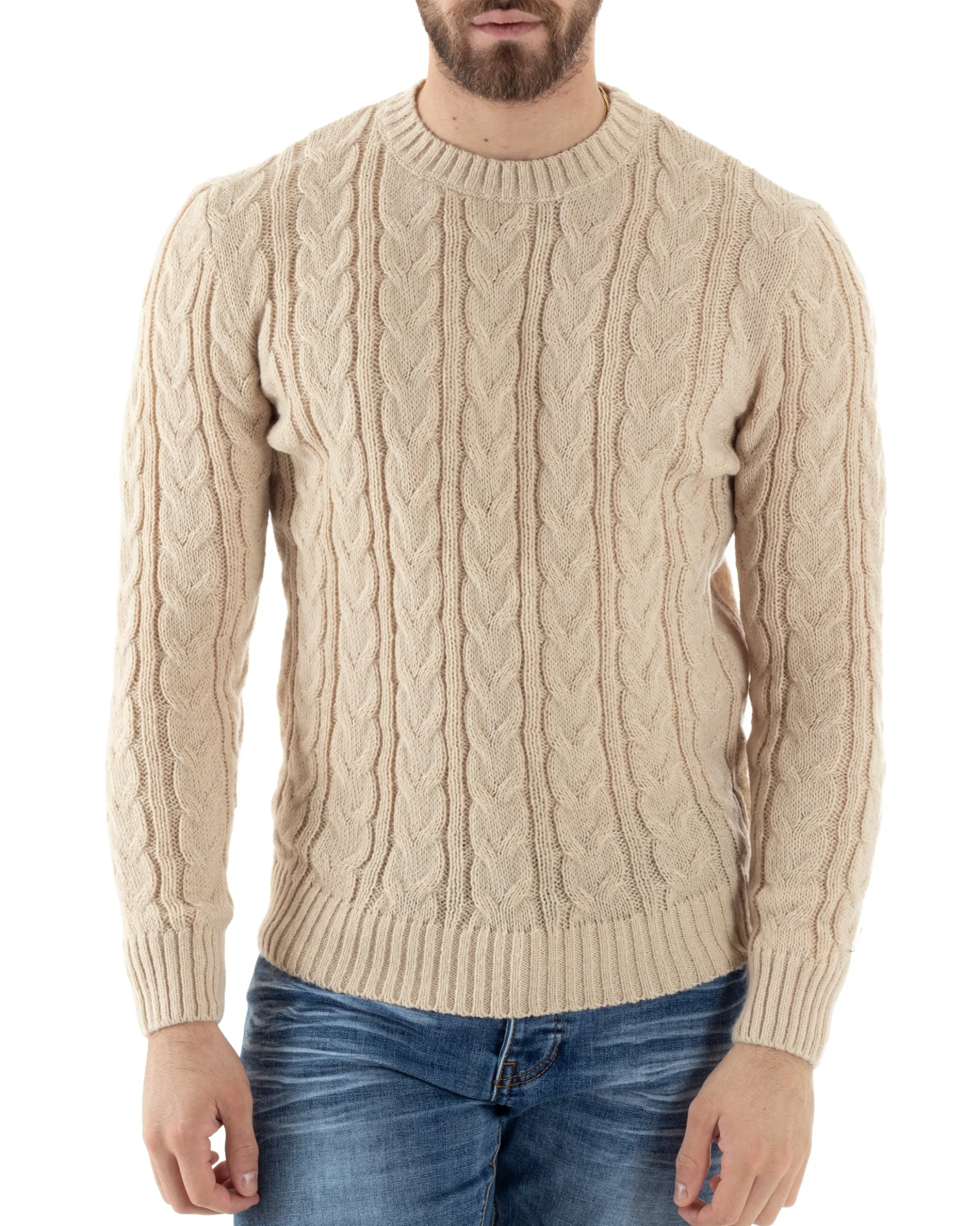 Maglione Uomo Girocollo Con Trecce Maglia Intrecciata Beige M2802A