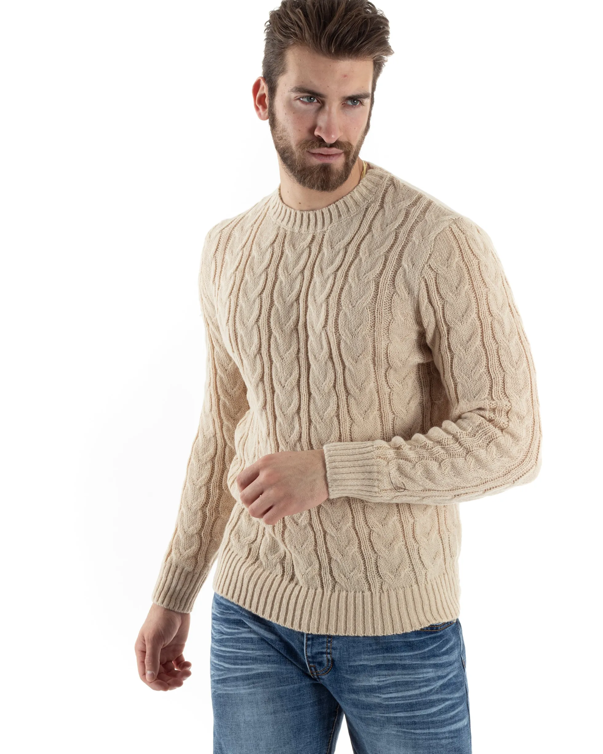 Maglione Uomo Girocollo Con Trecce Maglia Intrecciata Beige M2802A