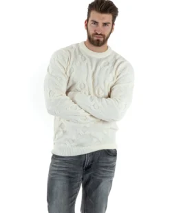 Maglione Uomo Girocollo Maglia Maglioncino Intrecciato Cerchi Panna GIOSAL-M2799A